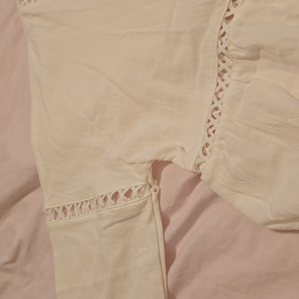 Chic Women's Cream Cotton Blouse With Cut Out Accents On Neckline And Sleeves